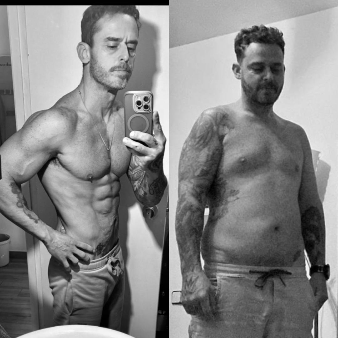 Fotografía en blanco y negro del cambio físico de Cris, a cuerpo completo: a la izquierda delgado, a la derecha con más peso.