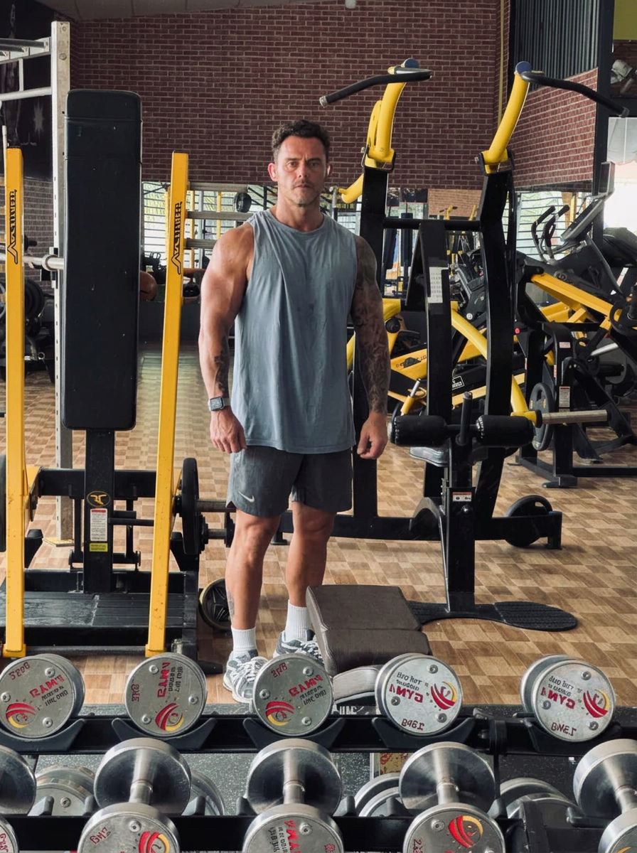 Cris, entrenador de CRISPLUS+, en el gimnasio con camiseta sin mangas gris junto a máquinas de fuerza.